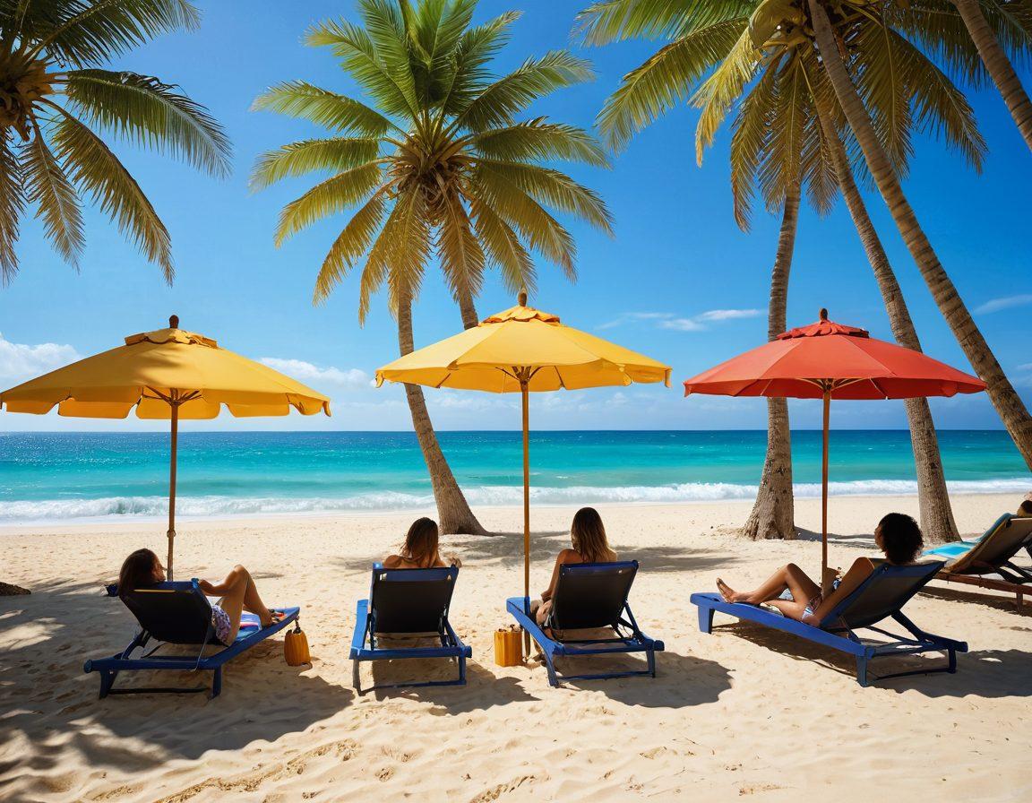 An inviting beach scene featuring a diverse group of women showcasing various styles of beachwear, including elegant bikinis, stylish cover-ups, and trendy resort outfits. The backdrop consists of soft golden sand and azure waves, with colorful beach umbrellas and sun loungers scattered around. Emphasize vibrant tropical flowers and bright sunlight, capturing a joyful and carefree atmosphere. super-realistic. vibrant colors. beach setting.